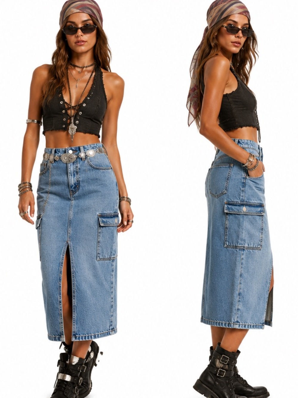 Abercrombie & Fitch Cargo Denim Midi Skirt Y2K High Rise Utility Jean Skirt Ligh
